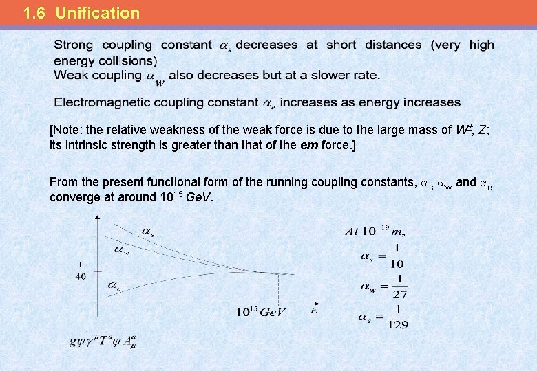 1. 6 Unification [Note: the relative weakness of the weak force is due to