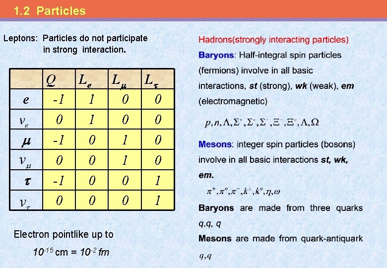 1. 2 Particles Leptons: Particles do not participate in strong interaction. e Q -1