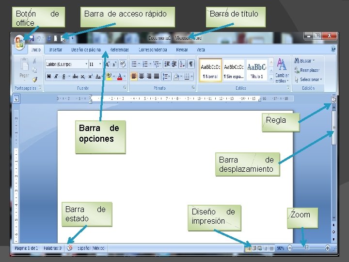 Botón office de Barra de acceso rápido Barra de título Regla Barra de opciones Botón office de Barra de acceso rápido Barra de título Regla Barra de opciones