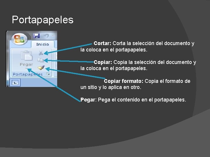 Portapapeles Cortar: Corta la selección del documento y la coloca en el portapapeles. Copiar: Portapapeles Cortar: Corta la selección del documento y la coloca en el portapapeles. Copiar:
