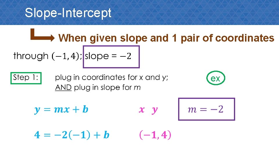 Slope-Intercept When given slope and 1 pair of coordinates • ex 