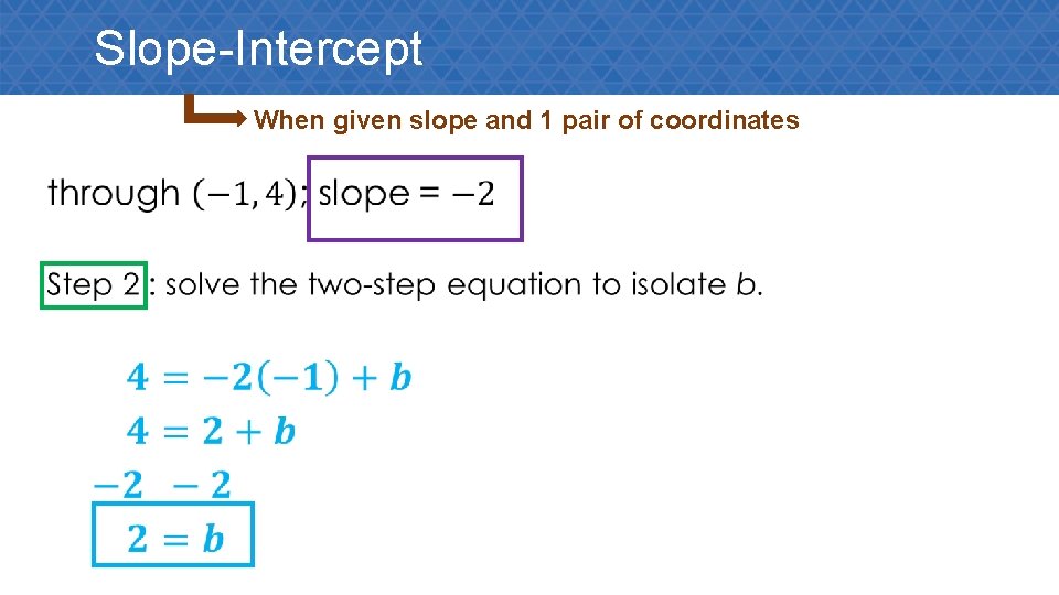 Slope-Intercept When given slope and 1 pair of coordinates • 
