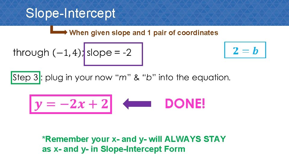 Slope-Intercept When given slope and 1 pair of coordinates • *Remember your x- and