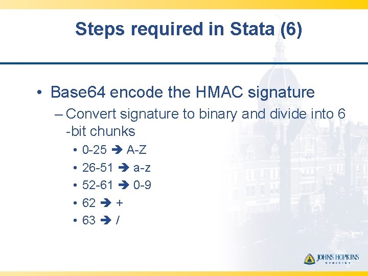Steps required in Stata (6) • Base 64 encode the HMAC signature – Convert