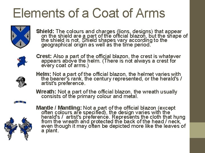 Elements of a Coat of Arms Shield: The colours and charges (lions, designs) that