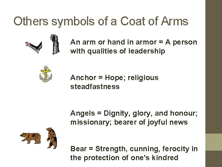 Others symbols of a Coat of Arms An arm or hand in armor =