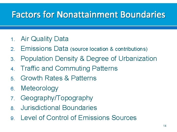 Factors for Nonattainment Boundaries 1. 2. 3. 4. 5. 6. 7. 8. 9. Air Factors for Nonattainment Boundaries 1. 2. 3. 4. 5. 6. 7. 8. 9. Air