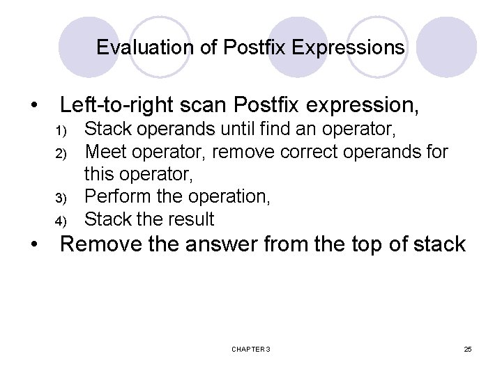 Evaluation of Postfix Expressions • Left-to-right scan Postfix expression, 1) 2) 3) 4) Stack