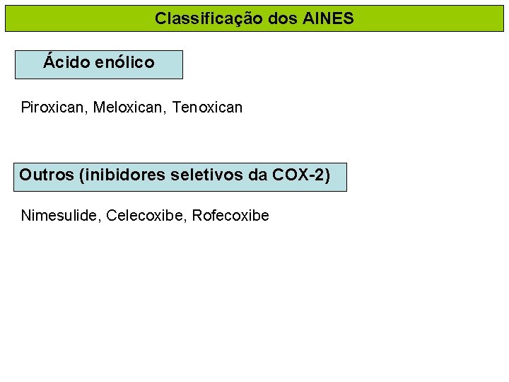 Classificação dos AINES Ácido enólico Piroxican, Meloxican, Tenoxican Outros (inibidores seletivos da COX-2) Nimesulide,