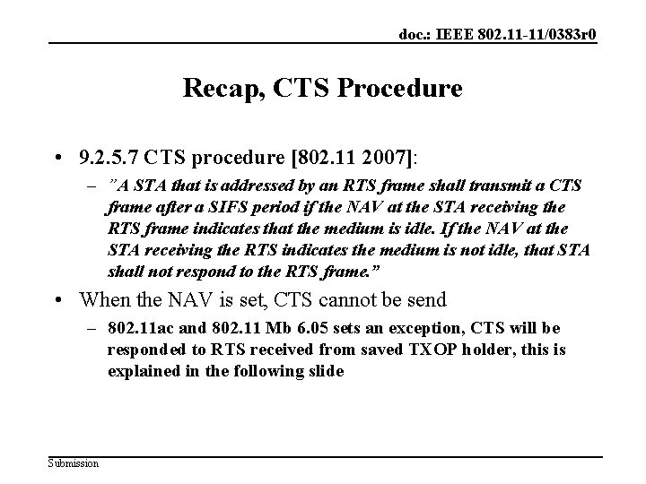 doc. : IEEE 802. 11 -11/0383 r 0 Recap, CTS Procedure • 9. 2.