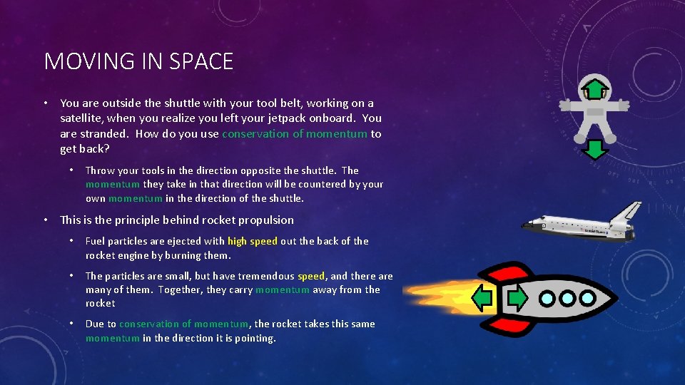 MOVING IN SPACE • You are outside the shuttle with your tool belt, working