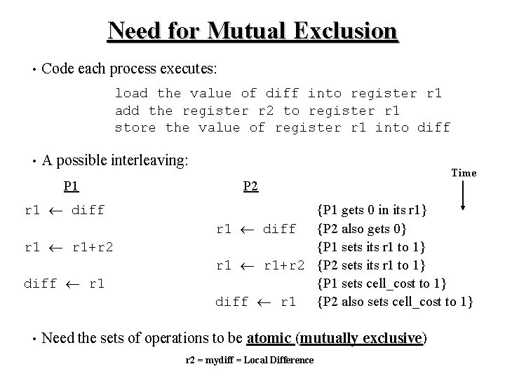 Need for Mutual Exclusion • Code each process executes: load the value of diff Need for Mutual Exclusion • Code each process executes: load the value of diff