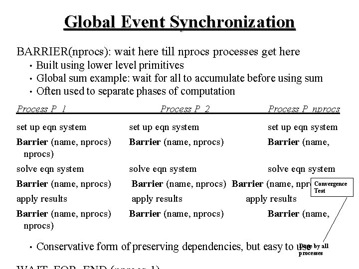 Global Event Synchronization BARRIER(nprocs): wait here till nprocs processes get here • • • Global Event Synchronization BARRIER(nprocs): wait here till nprocs processes get here • • •