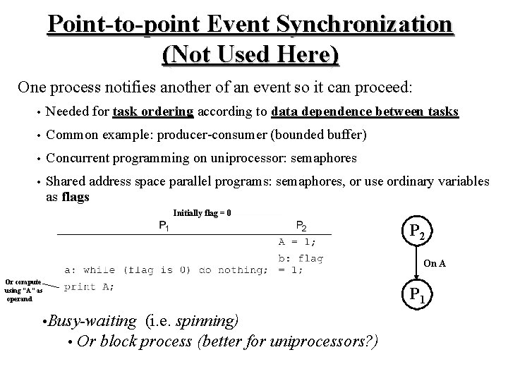 Point-to-point Event Synchronization (Not Used Here) One process notifies another of an event so Point-to-point Event Synchronization (Not Used Here) One process notifies another of an event so