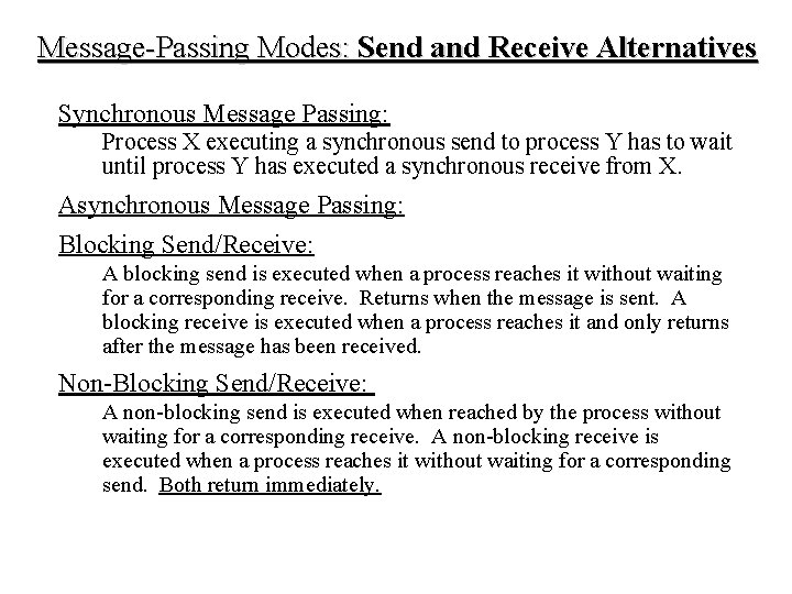 Message-Passing Modes: Send and Receive Alternatives Synchronous Message Passing: Process X executing a synchronous Message-Passing Modes: Send and Receive Alternatives Synchronous Message Passing: Process X executing a synchronous