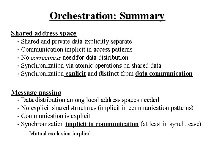 Orchestration: Summary Shared address space • • • Shared and private data explicitly separate Orchestration: Summary Shared address space • • • Shared and private data explicitly separate