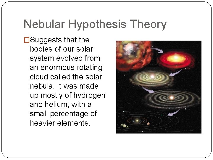 Nebular Hypothesis Theory �Suggests that the bodies of our solar system evolved from an