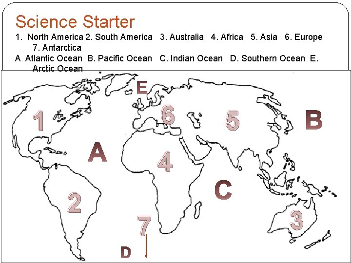 Science Starter 1. North America 2. South America 3. Australia 4. Africa 5. Asia