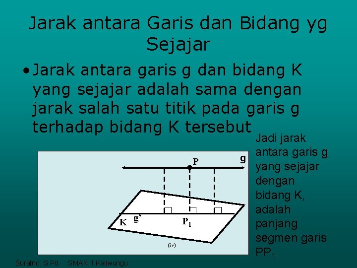 Jarak antara Garis dan Bidang yg Sejajar • Jarak antara garis g dan bidang