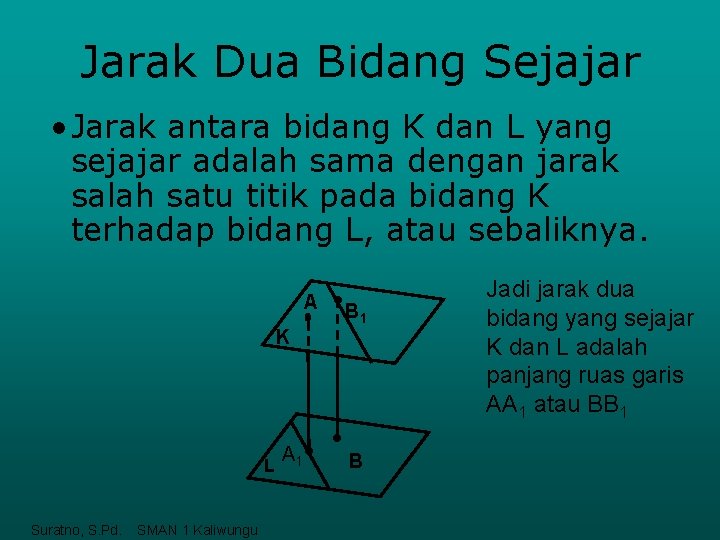 Jarak Dua Bidang Sejajar • Jarak antara bidang K dan L yang sejajar adalah