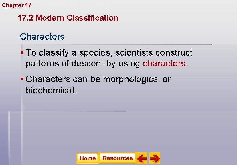 Chapter 17 Organizing Life’s Diversity 17. 2 Modern Classification Characters § To classify a