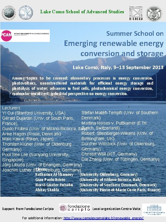 Lake Como School of Advanced Studies Summer School on Emerging renewable energy conversion and