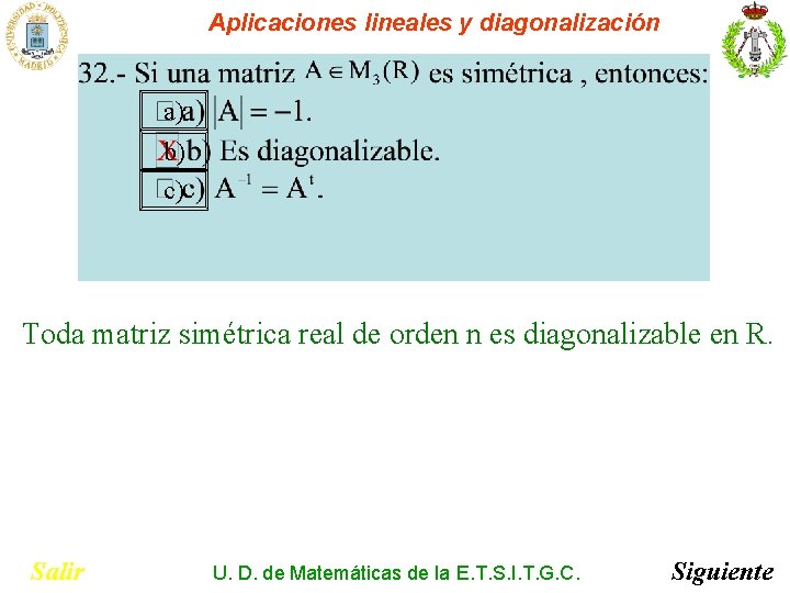 Aplicaciones lineales y diagonalización a) b) c) Toda matriz simétrica real de orden n Aplicaciones lineales y diagonalización a) b) c) Toda matriz simétrica real de orden n