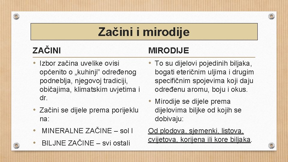 Začini i mirodije ZAČINI • Izbor začina uvelike ovisi općenito o „kuhinji” određenog podneblja,