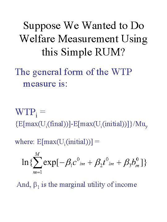 Suppose We Wanted to Do Welfare Measurement Using this Simple RUM? The general form