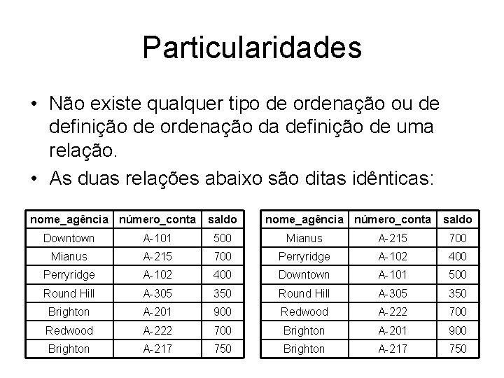 Particularidades • Não existe qualquer tipo de ordenação ou de definição de ordenação da