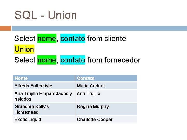 SQL - Union Select nome, contato from cliente Union Select nome, contato from fornecedor