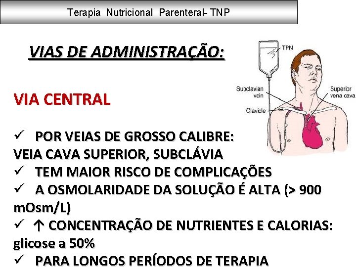 Terapia Nutricional Parenteral- TNP VIAS DE ADMINISTRAÇÃO: VIA CENTRAL ü POR VEIAS DE GROSSO