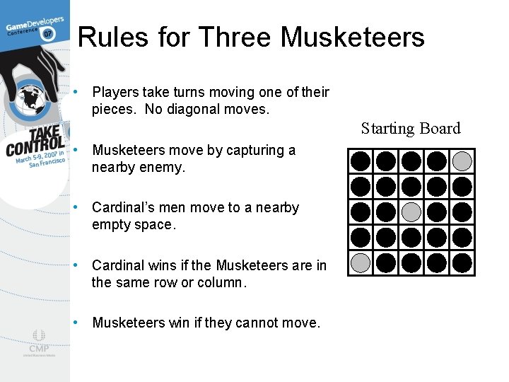 Rules for Three Musketeers • Players take turns moving one of their pieces. No