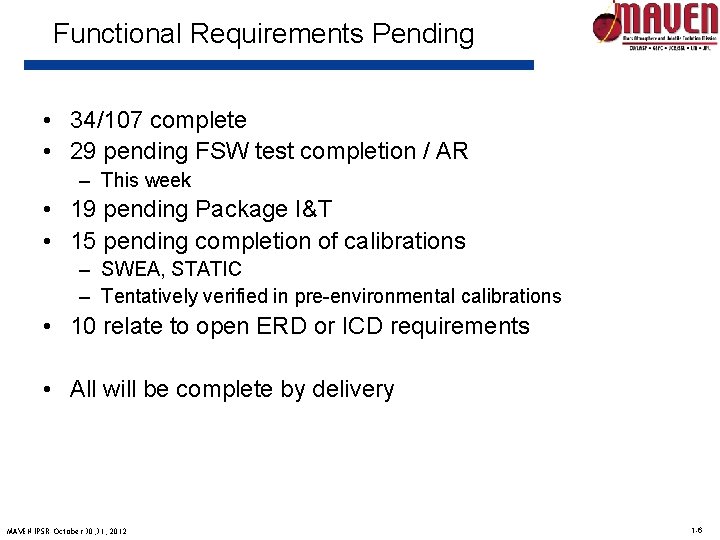 Functional Requirements Pending • 34/107 complete • 29 pending FSW test completion / AR