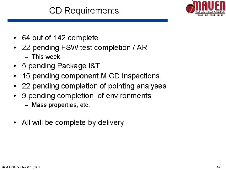 ICD Requirements • 64 out of 142 complete • 22 pending FSW test completion