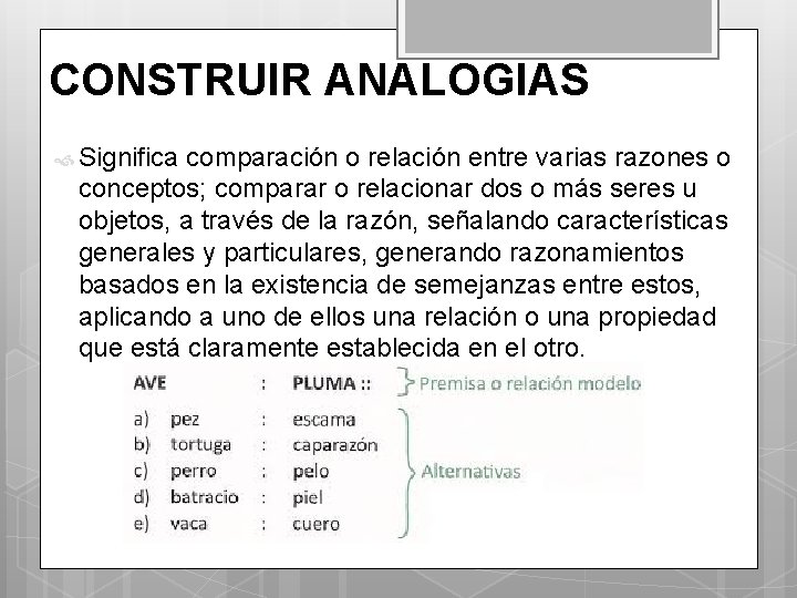 CONSTRUIR ANALOGIAS Significa comparación o relación entre varias razones o conceptos; comparar o relacionar