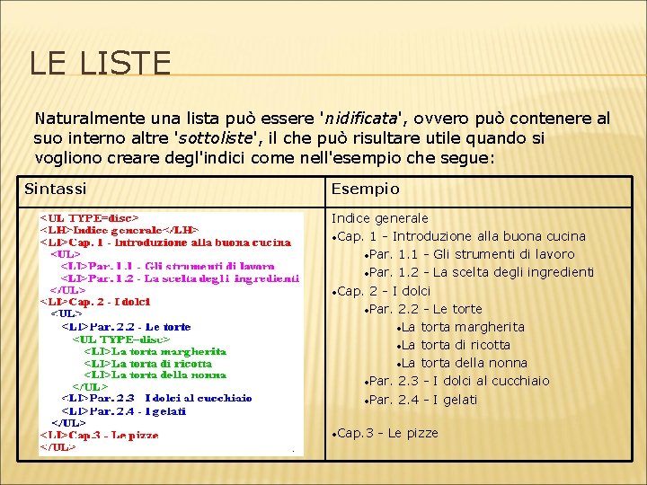 LE LISTE Naturalmente una lista può essere 'nidificata', ovvero può contenere al suo interno