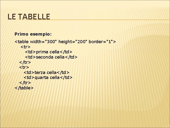 LE TABELLE Primo esempio: <table width="300" height="200" border="1"> <tr> <td>prima cella</td> <td>seconda cella</td> </tr>