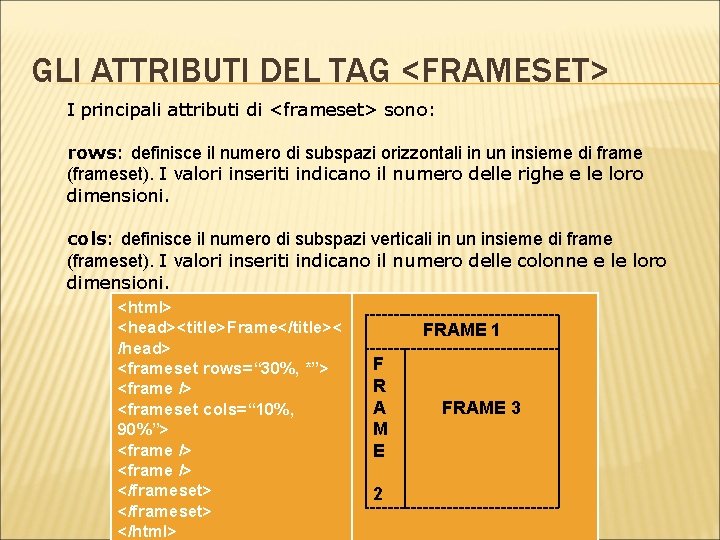 GLI ATTRIBUTI DEL TAG <FRAMESET> I principali attributi di <frameset> sono: rows: definisce il