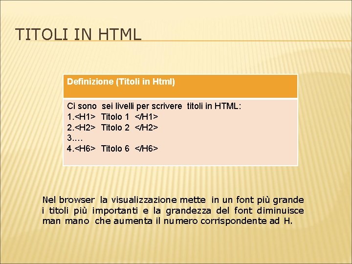 TITOLI IN HTML Definizione (Titoli in Html) Ci sono 1. <H 1> 2. <H