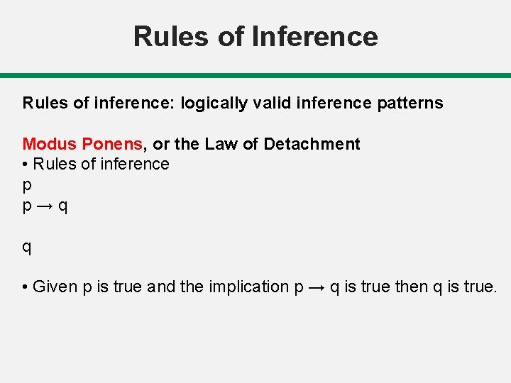 Rules of Inference Rules of inference: logically valid inference patterns Modus Ponens, or the