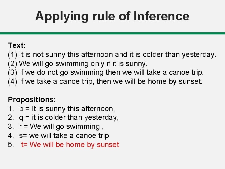 Applying rule of Inference Text: (1) It is not sunny this afternoon and it
