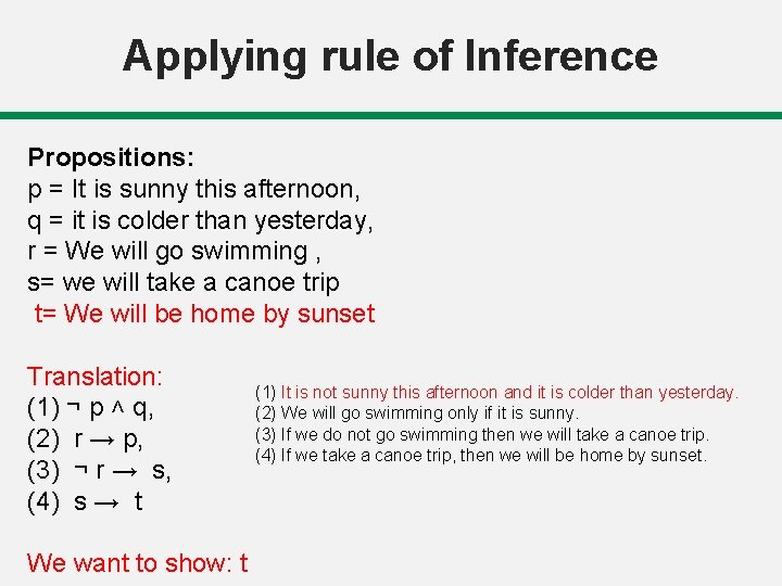 Applying rule of Inference Propositions: p = It is sunny this afternoon, q =