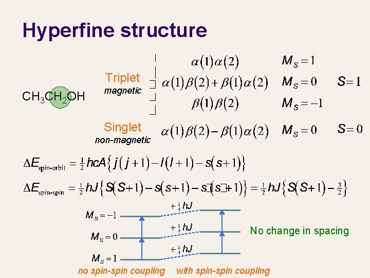 Hyperfine structure Triplet CH 3 CH 2 OH magnetic Singlet non-magnetic No change in