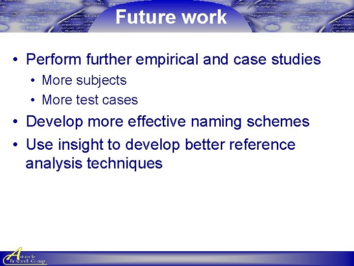 Future work • Perform further empirical and case studies • More subjects • More Future work • Perform further empirical and case studies • More subjects • More