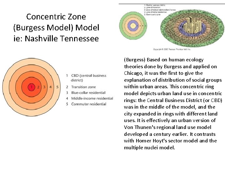 Concentric Zone (Burgess Model) Model ie: Nashville Tennessee (Burgess) Based on human ecology theories Concentric Zone (Burgess Model) Model ie: Nashville Tennessee (Burgess) Based on human ecology theories