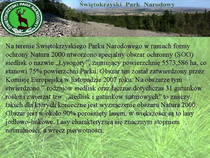 Na terenie Świętokrzyskiego Parku Narodowego w ramach formy ochrony Natura 2000 utworzono specjalny obszar