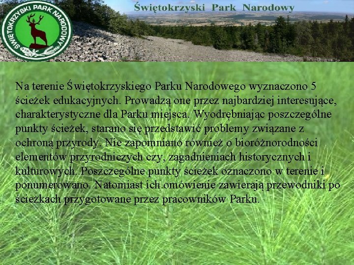 Na terenie Świętokrzyskiego Parku Narodowego wyznaczono 5 ścieżek edukacyjnych. Prowadzą one przez najbardziej interesujące,
