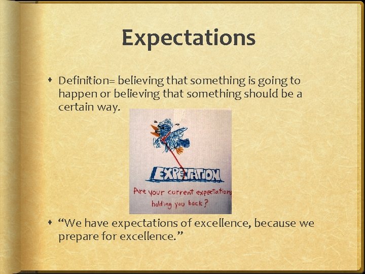 Expectations Definition= believing that something is going to happen or believing that something should