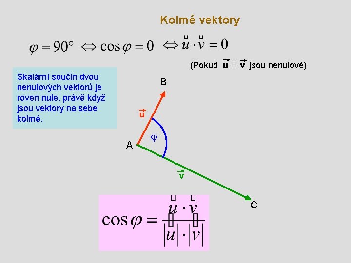 Kolmé vektory (Pokud u i v jsou nenulové) Skalární součin dvou nenulových vektorů je
